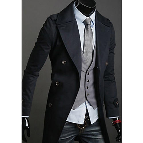 Men's Solid Casual Trench coat,Cotton Long Sleeve-Black / Green / White