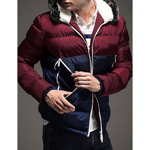 Men's Regular Padded Coat,Polyester / Nylon Patchwork Long Sleeve