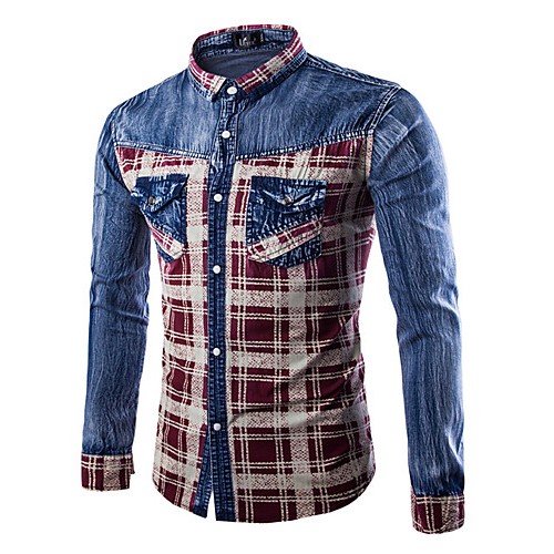 Men's Plaids & Checks Long Sleeve Top , Cotton / Denim Casual