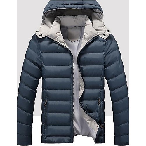 Men's Regular Padded Coat,Simple Casual/Daily Solid-Cotton / Polyester Polypropylene Long Sleeve Hooded Blue / Red / Black / Green