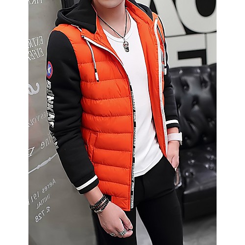 Men's Regular Padded CoatPlus Size / Sports Solid / Color Block / Letter-Cotton / Polyester Polypropylene Long Sleeve Slim Warm Thick