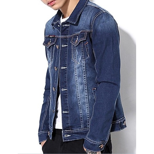 Men's Korean Slim Stretch Bleached Denim Jacket,Cotton / Polyester Solid Blue