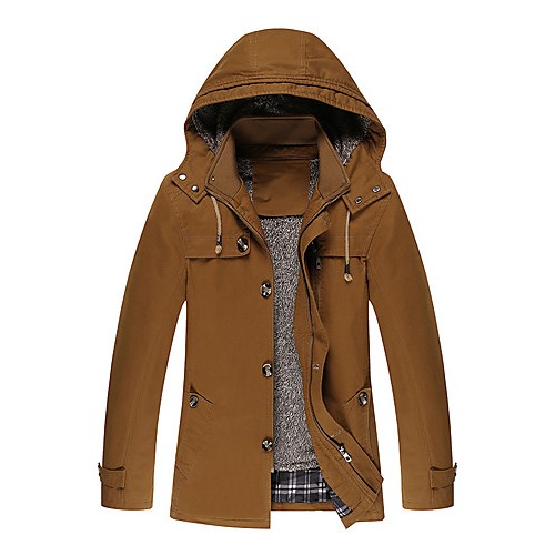 Men's Casual/Daily Vintage Trench CoatSolid Hooded Long Sleeve Fall / Winter Black / Brown Cotton / Polyester Thick