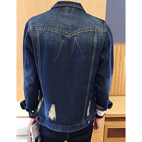 Men's Fashion Solid Broken Hole Slim Fit Casual Long Sleeve Denim Jacket,Cotton/Print/Casual/Plus Size