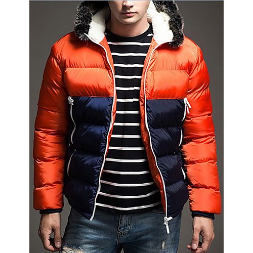 Men's Regular Padded Coat,Polyester / Nylon Patchwork Long Sleeve