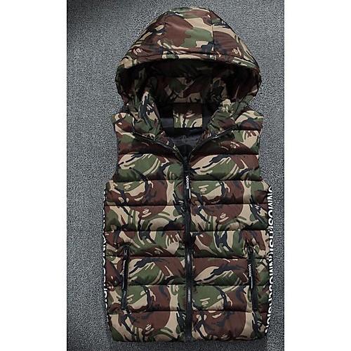 Men's Regular Padded Coat,Simple Casual/Daily Camouflage-Polyester Cotton Sleeveless Hooded Red / Gray / Green